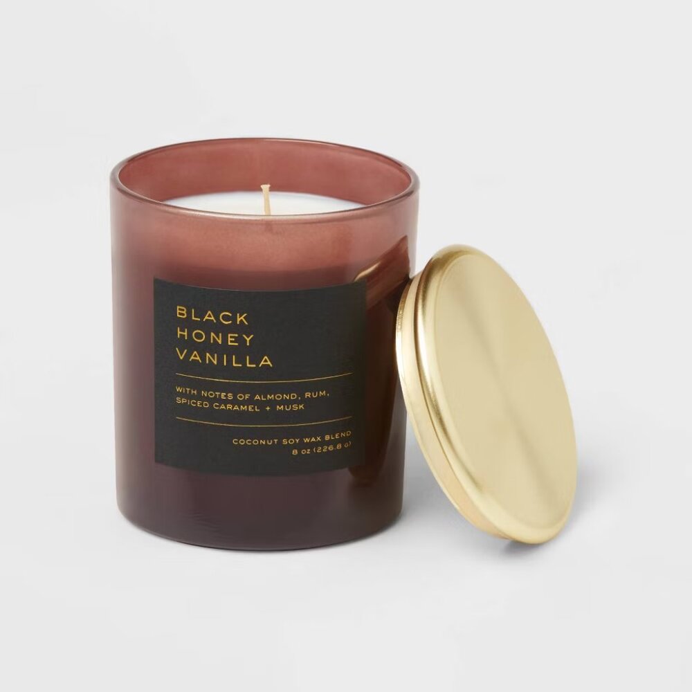 Black Honey Vanilla Candle – 8oz Lidded Glass Jar | Soy & Coconut Wax, 30hr Burn